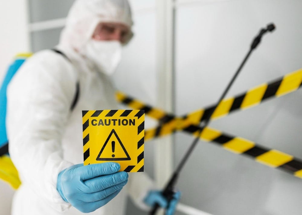 A person in protective gear holds a yellow caution sign with a warning symbol. Black and yellow caution tape is seen in the background, indicating a hazardous or restricted area—suggesting the presence of a biohazard in McKinney.
