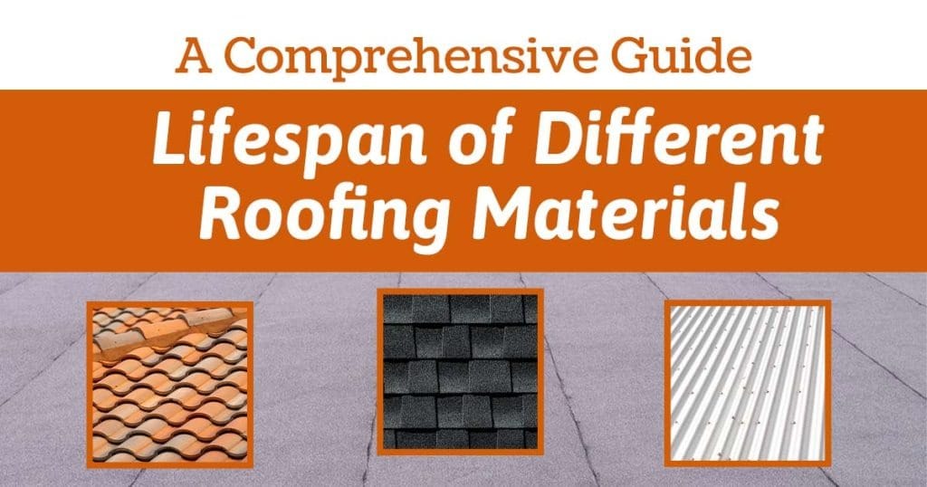 Guide graphic comparing roofing material lifespans across asphalt, metal, tile, slate, and wood