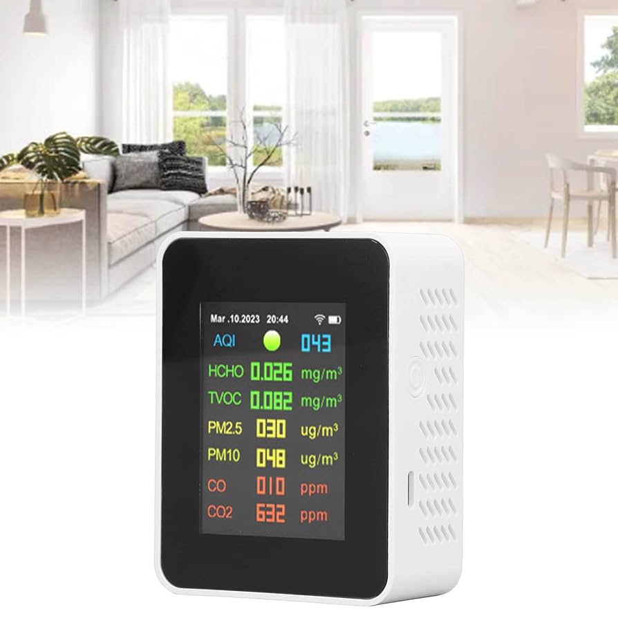 Air quality testing equipment operating inside a living room