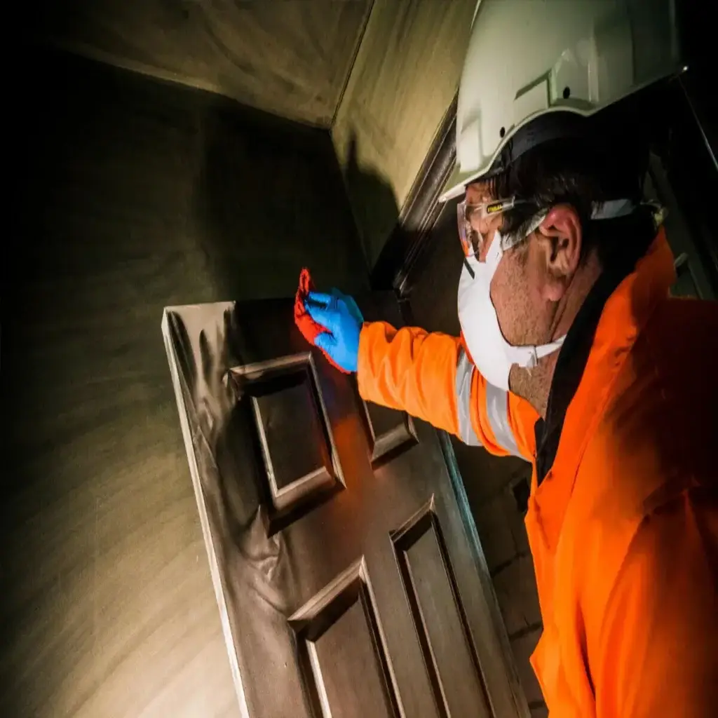 Technician wearing protective gear testing surfaces for soot and smoke residue
