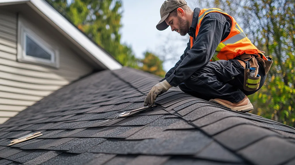Roofer inspecting shingles and flashing on a residential roof in McKinney
