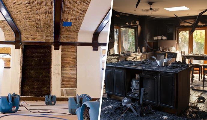 Fire restoration crew assessing damage inside a smoke-affected McKinney home