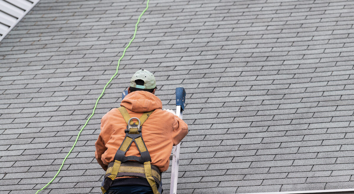 Roof technician inspecting shingles after heavy rainfall.