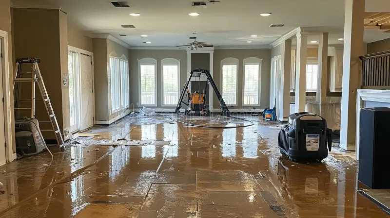 Drying equipment placed throughout a living room after water extraction