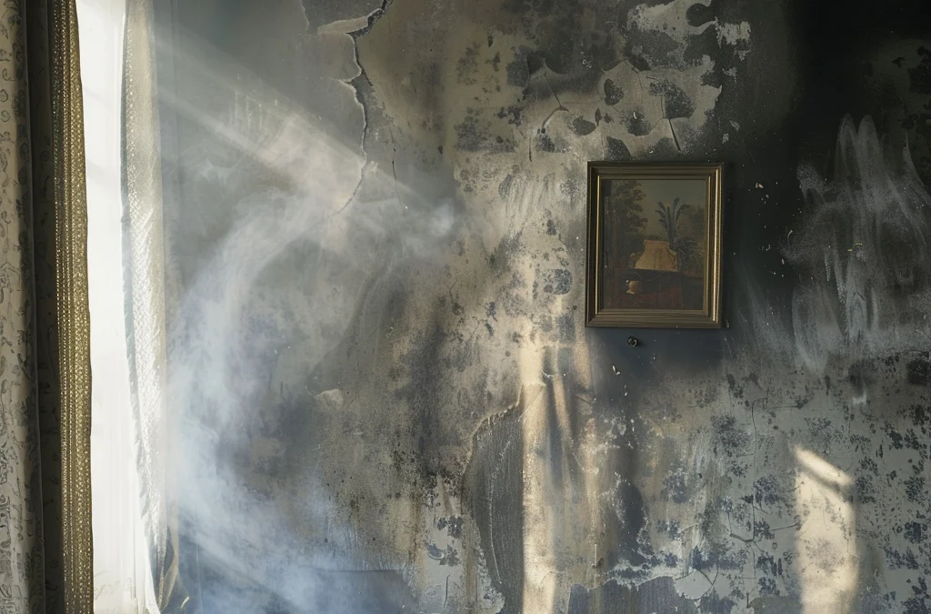 Smoke staining visible in rooms untouched by flames