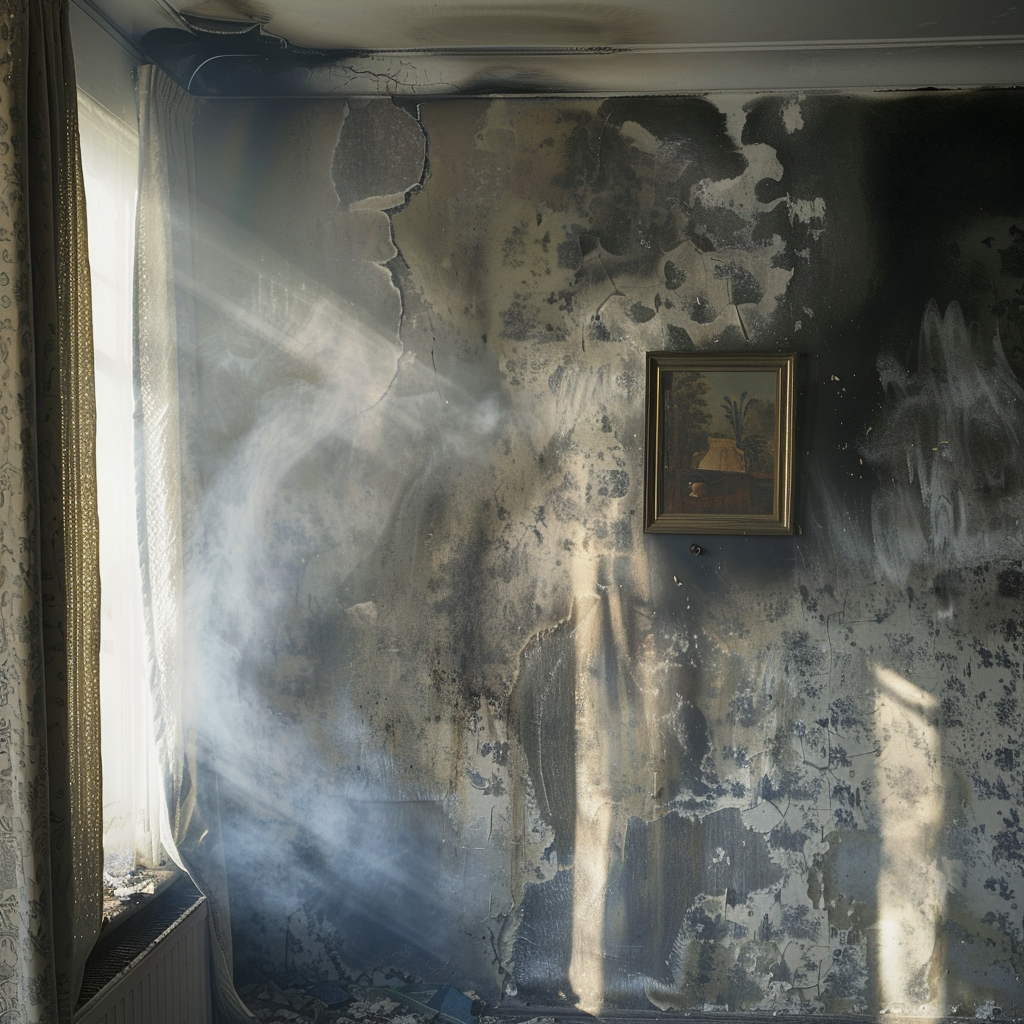 Smoke staining visible in rooms untouched by flames