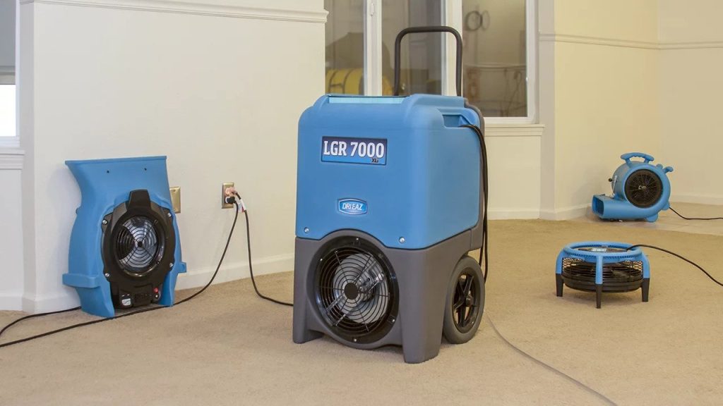 LGR dehumidifier and industrial air movers set up for structural drying