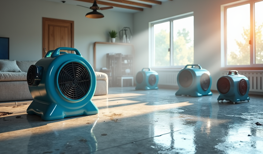 Dehumidifiers and air movers placed throughout a living room during drying