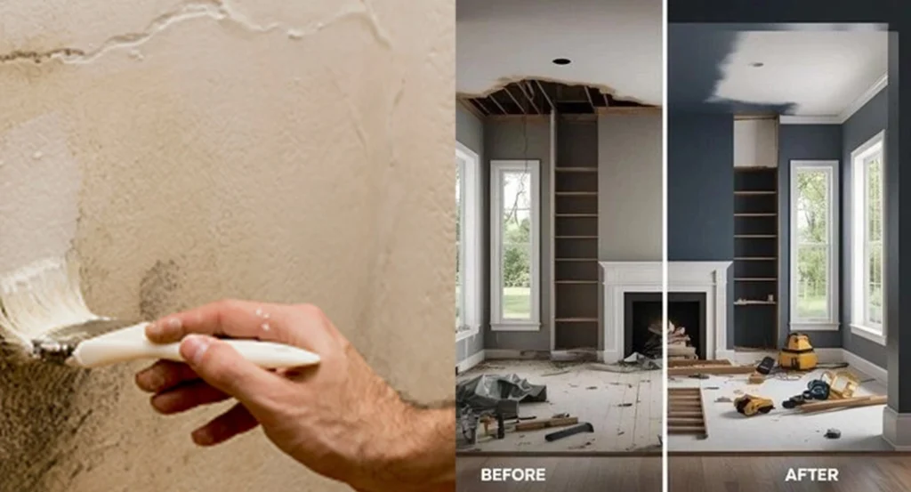 rebuilt and painted living room wall after mold removal