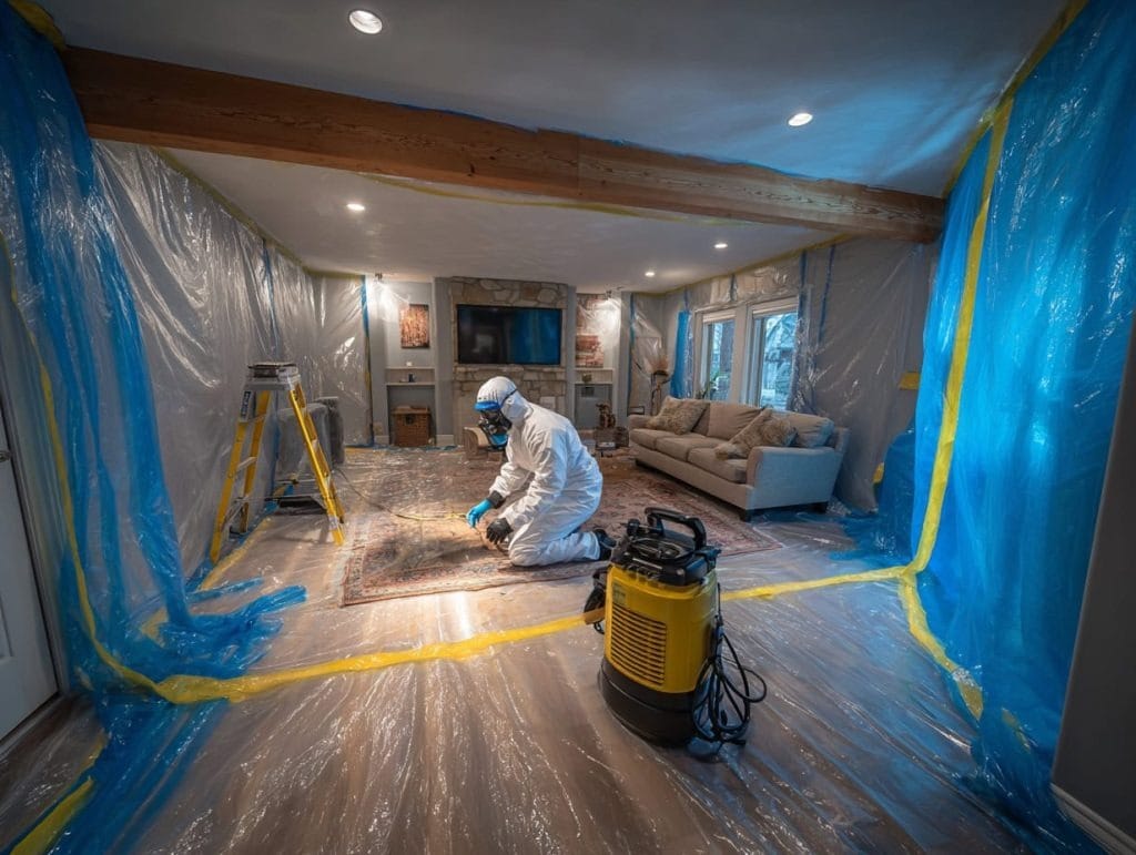 professional mold remediation containment area with plastic sheeting and negative air machine
