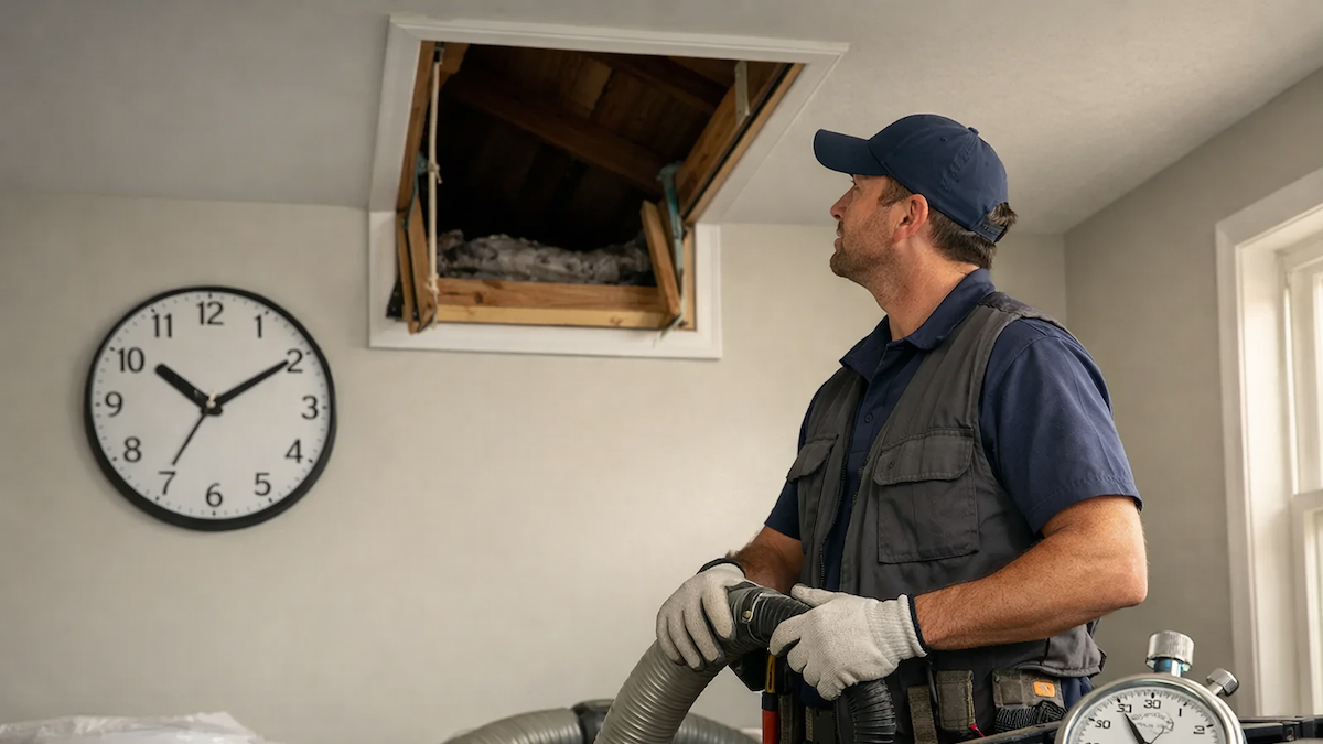 technician checking attic ventilation and roof shingles for leaks