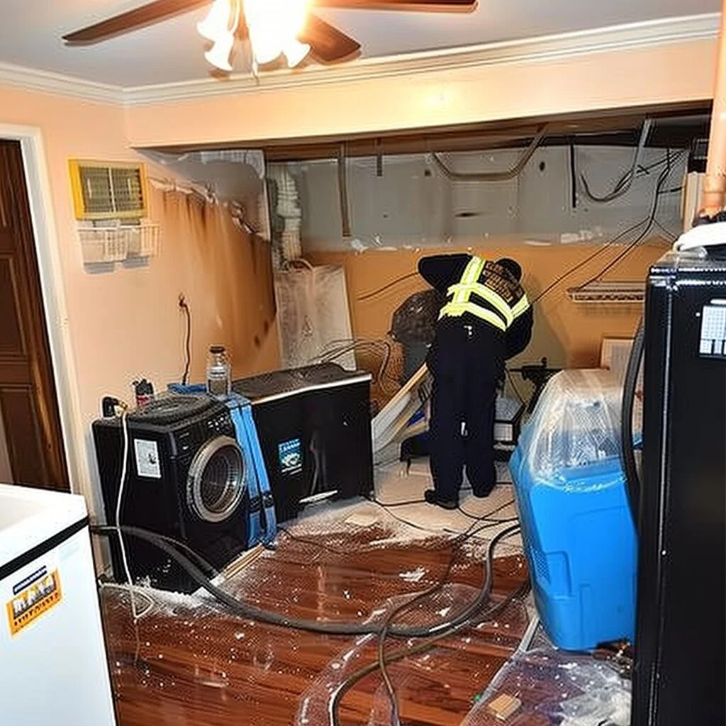 restoration worker performing flood cut on wet drywall mckinney