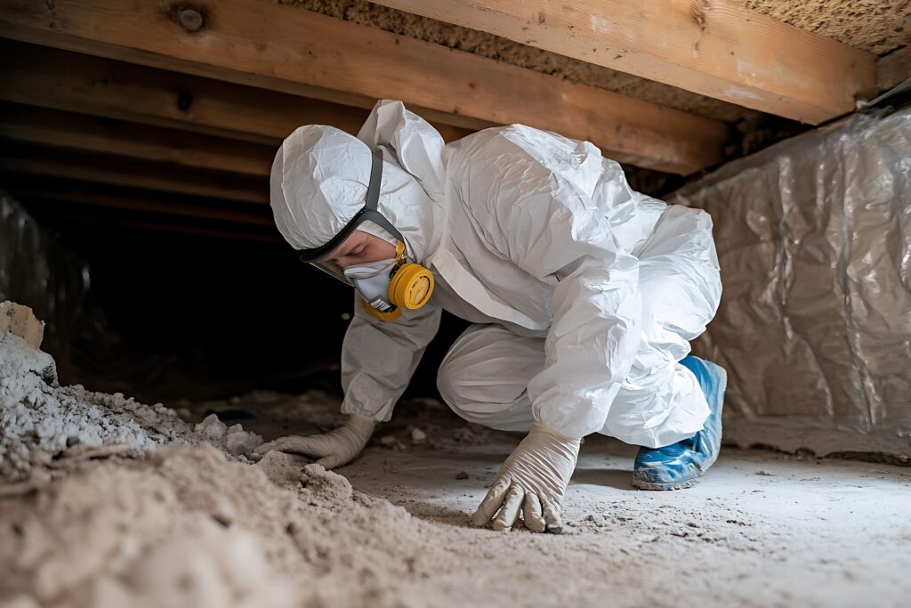 professional inspector checking attic ventilation and roof deck for signs of moisture and mold
