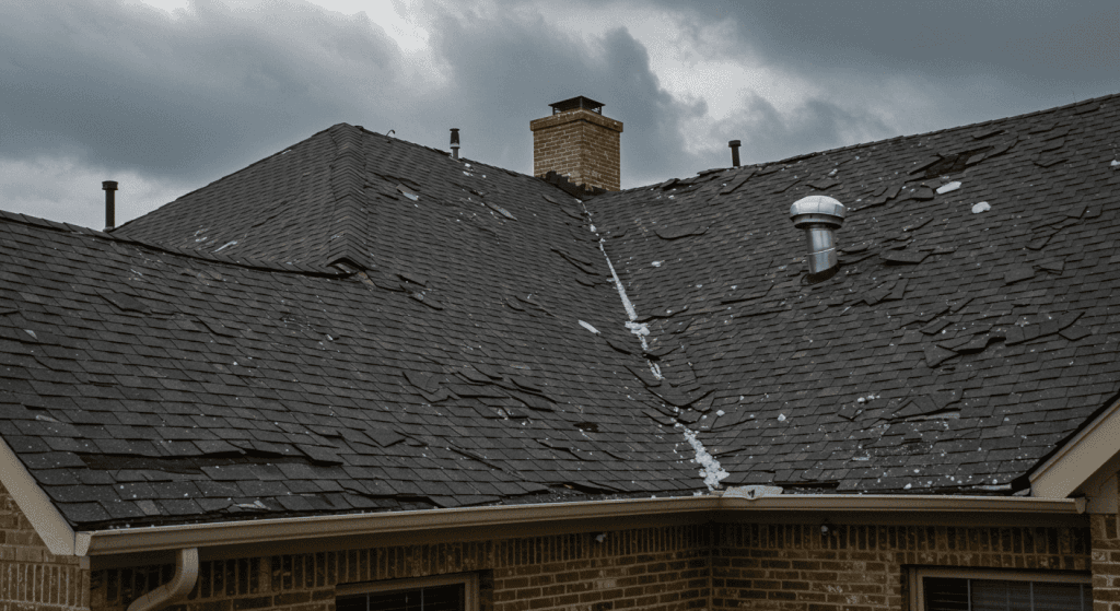Hail storm damage on residential roofing in McKinney, TX requiring professional roofing contractor assessment
