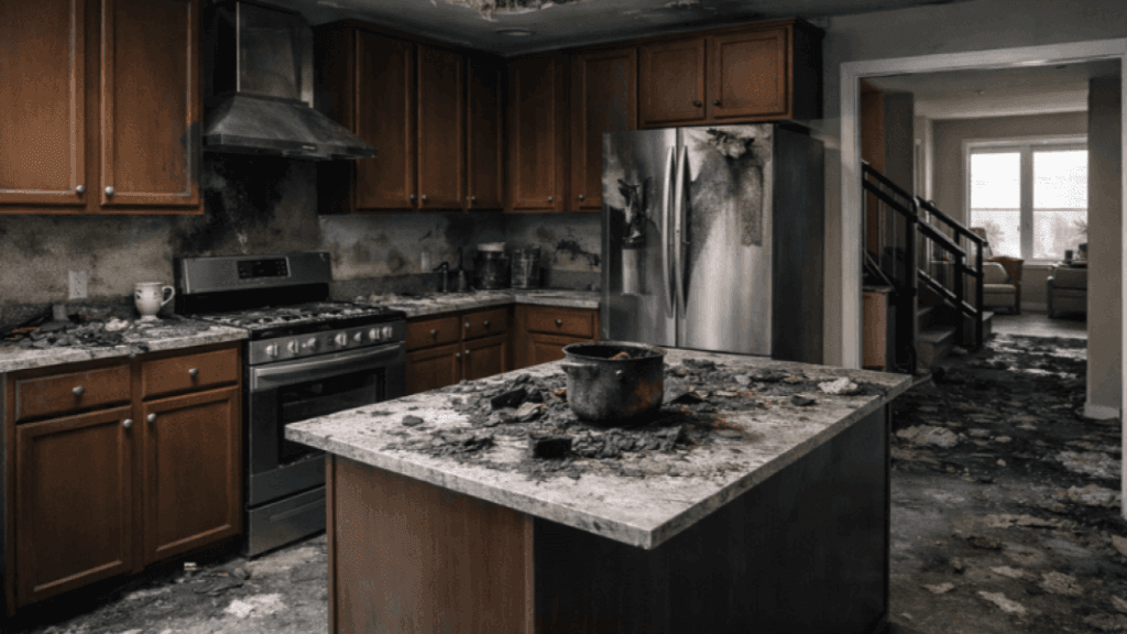 Fire-damaged interior with smoke residue and water-affected building materials