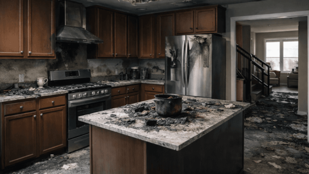 Fire-damaged interior of McKinney, TX home with smoke and soot requiring professional fire damage restoration