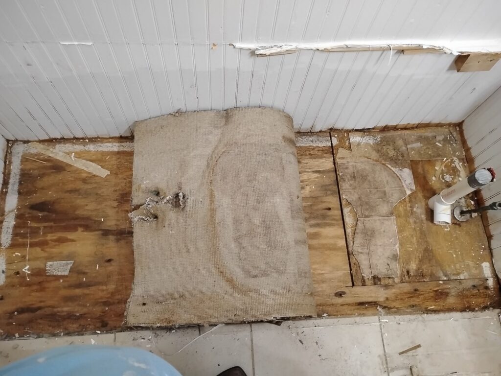 Bathroom floor demolition showing exposed subfloor and plumbing openings during mold remediation in Dallas, TX