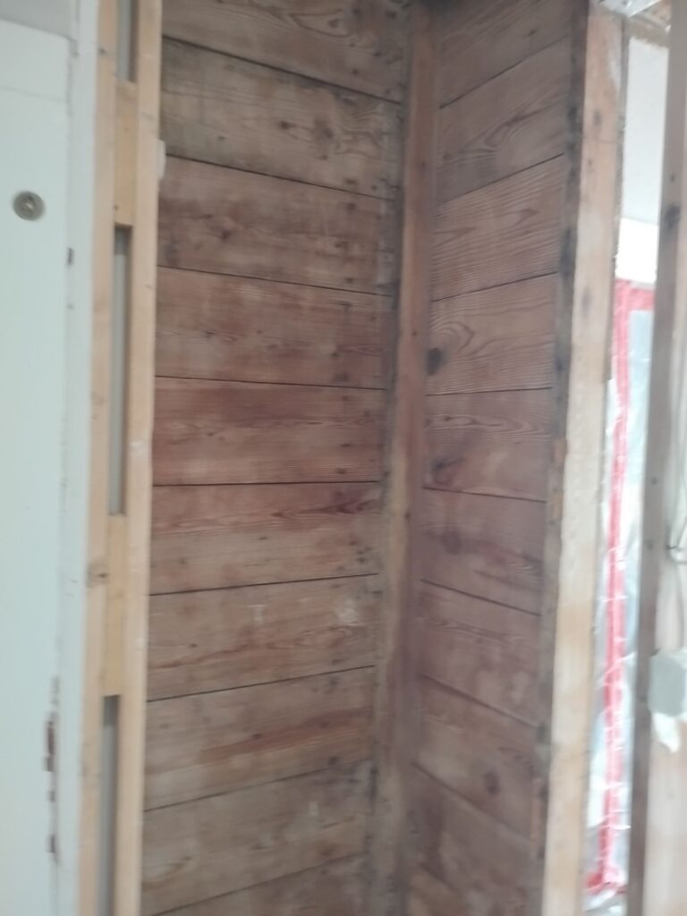 Bathroom demolition area with exposed wood wall framing during mold remediation in Dallas, TX