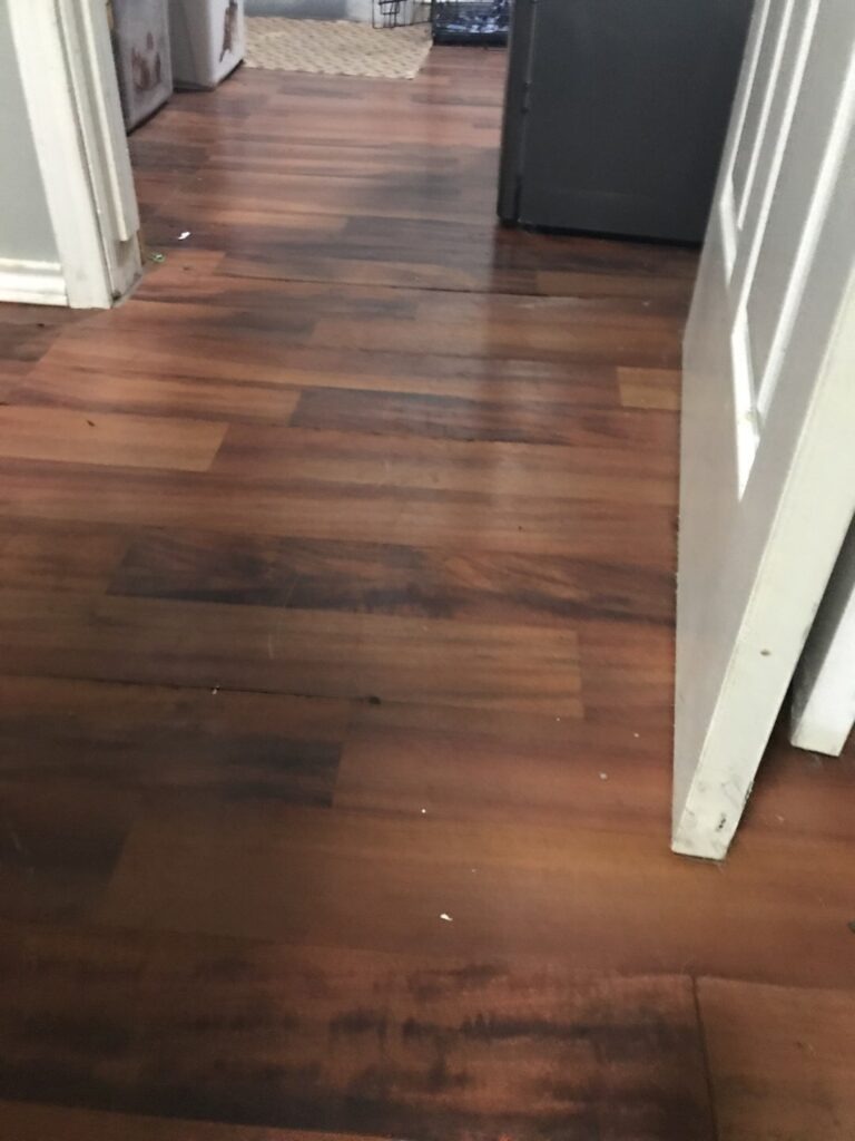 Interior hallway flooring showing dark water damage staining in a Sherman home
