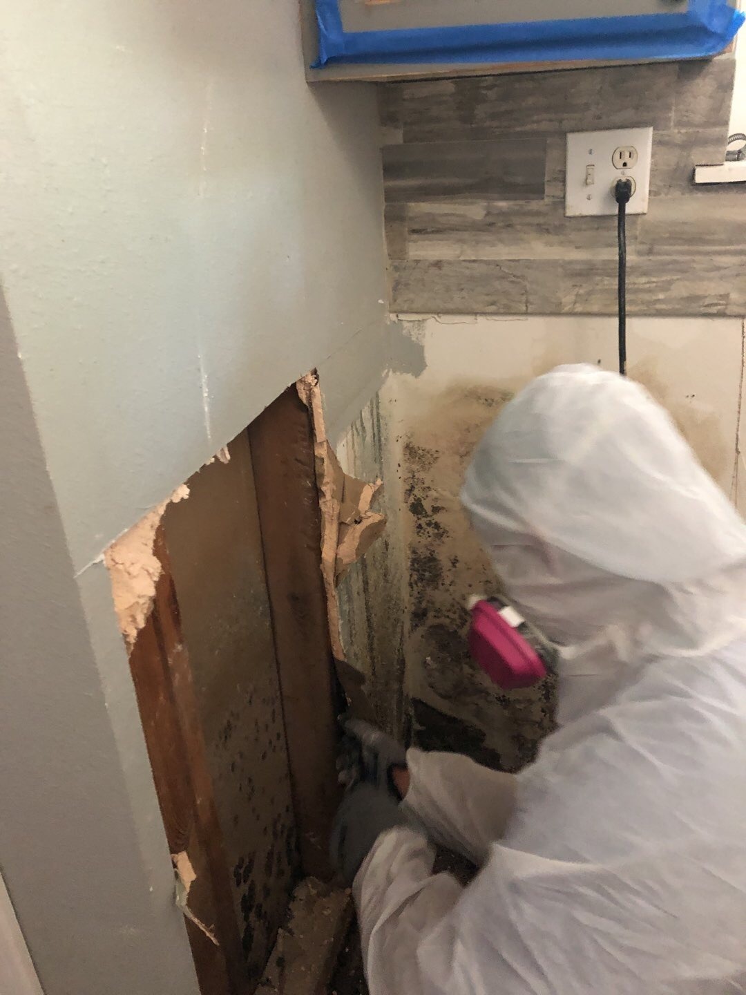 Worker in protective suit performing mold remediation beside an exposed interior wall cavity in a Sherman residence Worker in protective suit performing mold remediation beside an exposed interior wall cavity in a Sherman residence