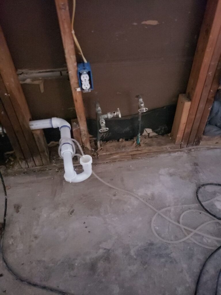 Exposed interior wall framing and plumbing after demolition for mold remediation in a Sherman residential bathroom
