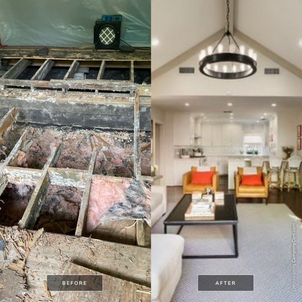 Before-and-after of a Dallas, TX living area showing exposed floor joists during mold remediation and the restored interior
