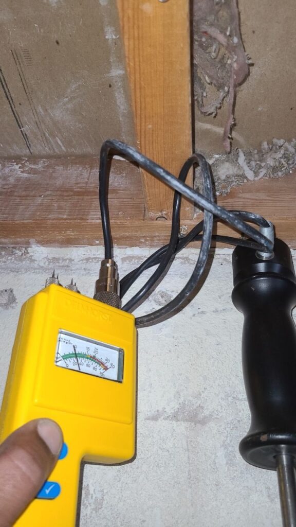 Handheld moisture meter testing an exposed interior wall during water mitigation in Carrollton, TX
