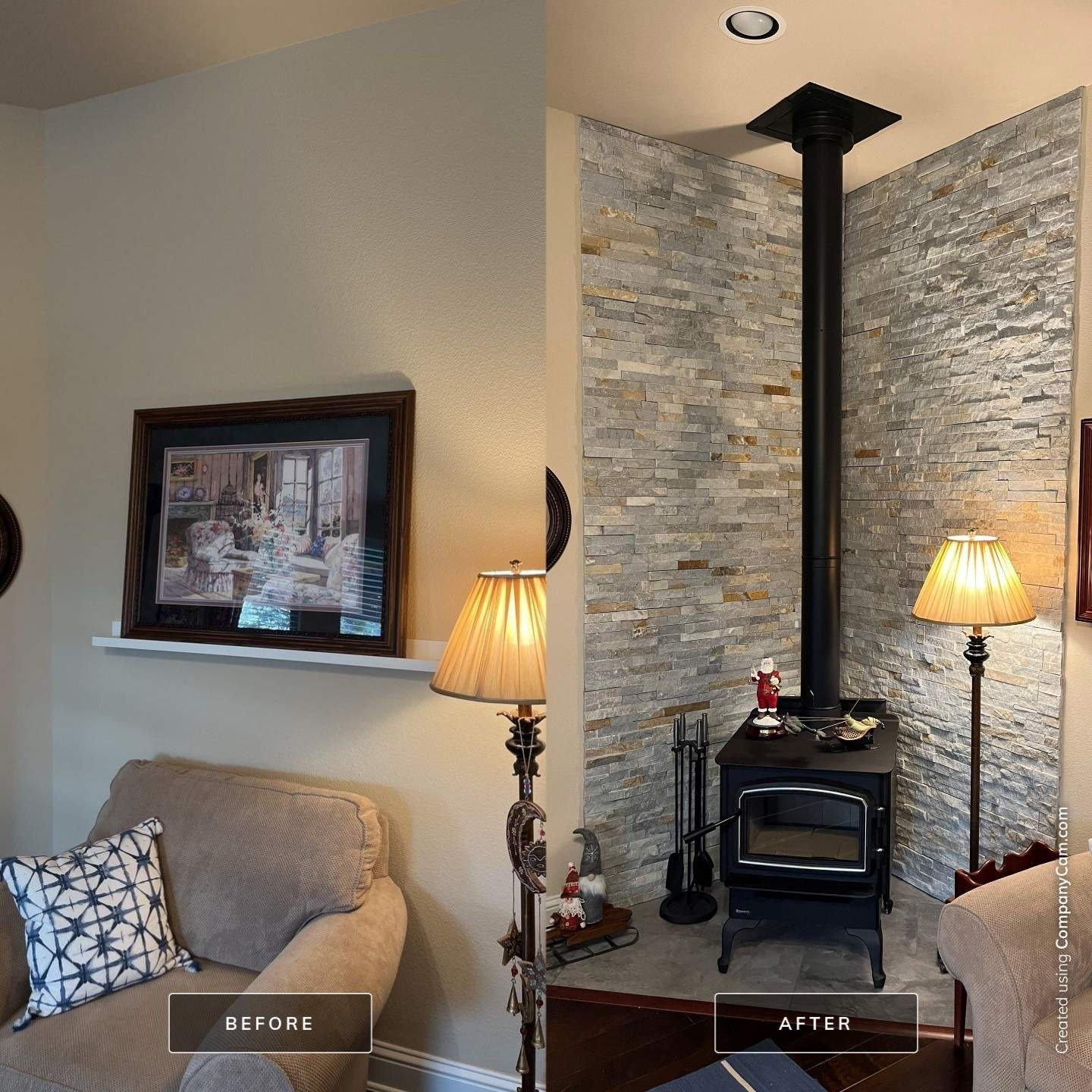 Installed wood burning fireplace after the custom fireplace remodel in Melissa, TX