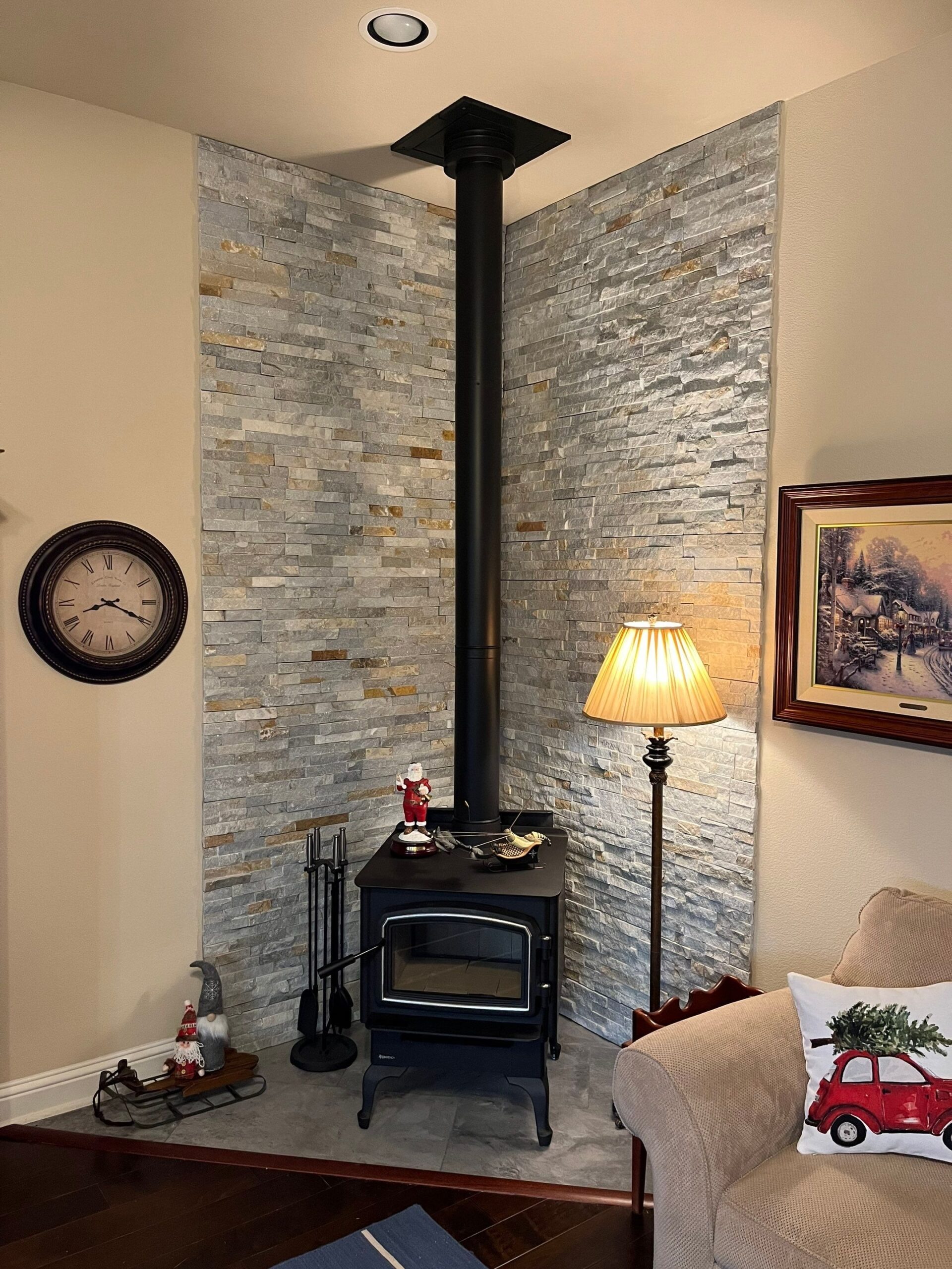 Finished ledge stone surround after the custom fireplace remodel in Melissa, TX