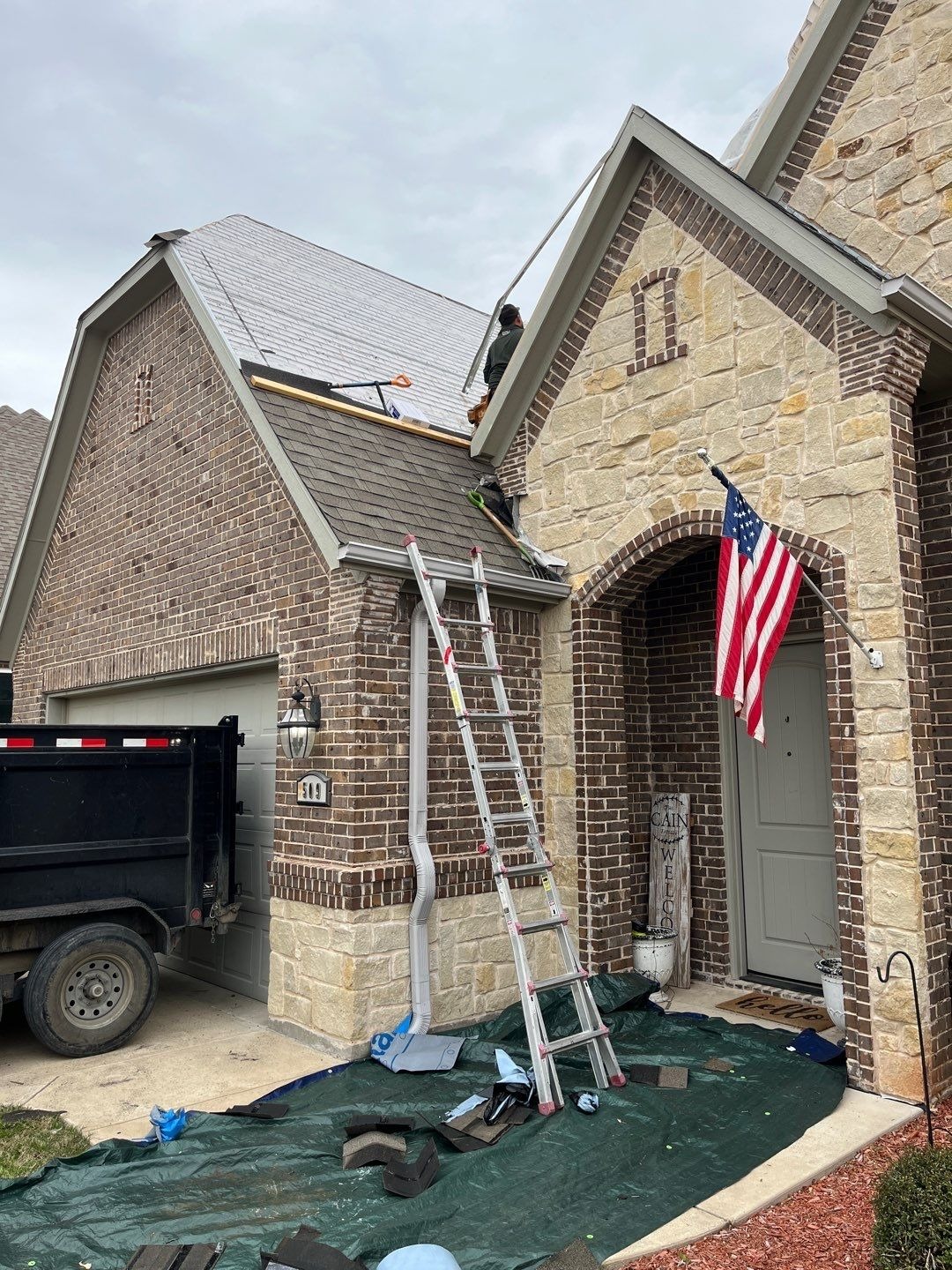 Exposed roof deck after tear-off during the roof replacement in Sherman, TX