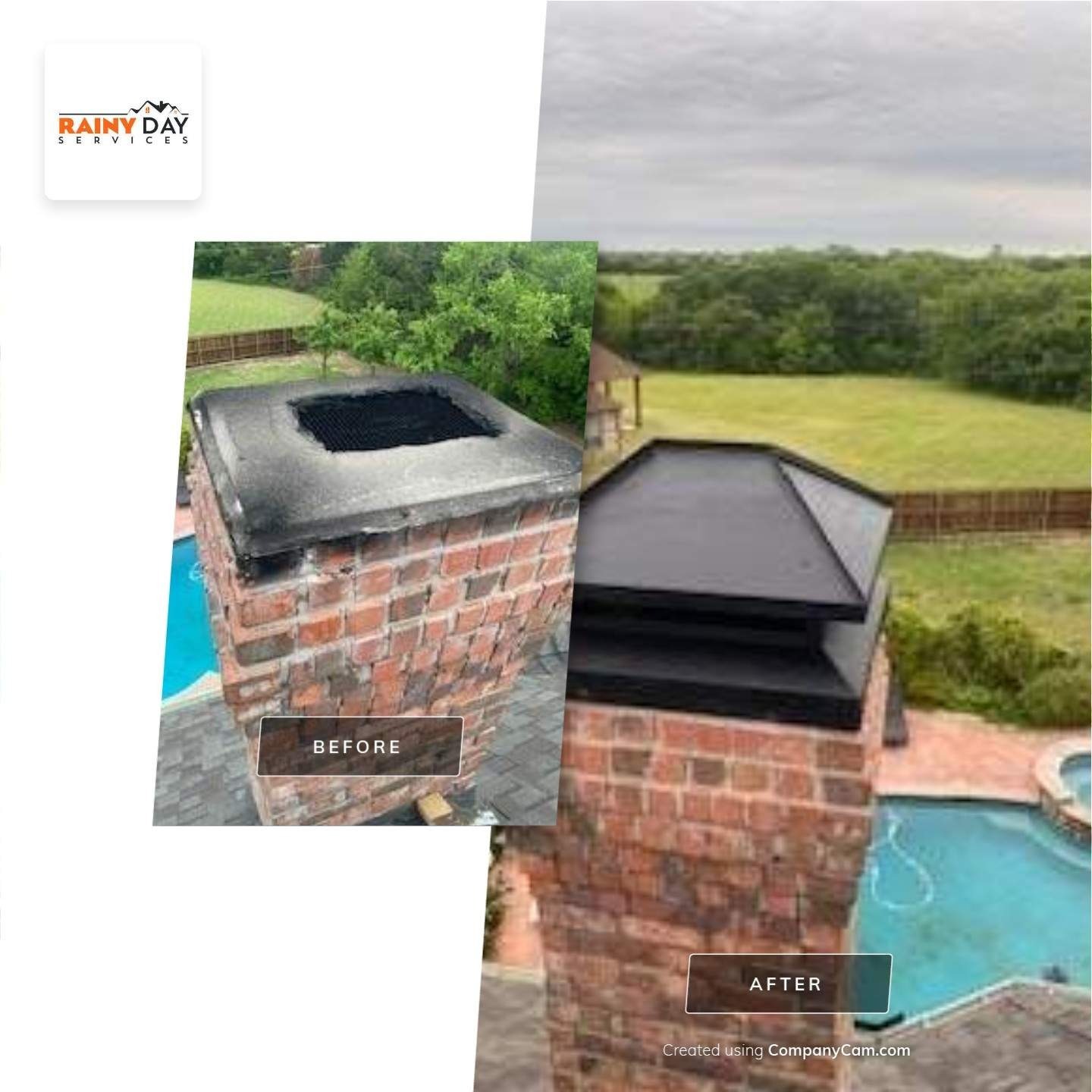 Finished roof and chimney cap viewed from the yard after the Sherman roof replacement