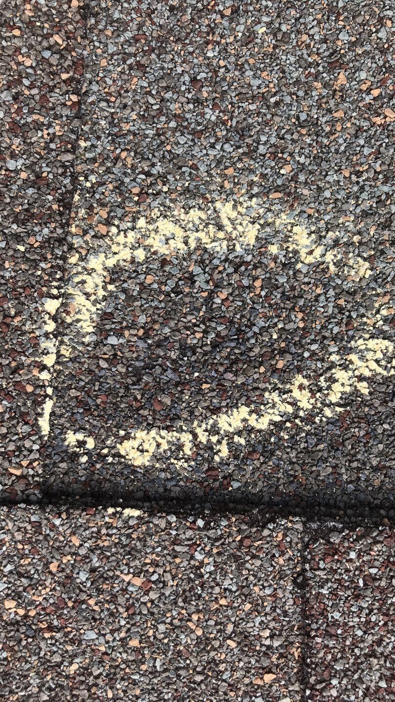 Close view of bruised shingle granules before the roof replacement in Melissa, TX