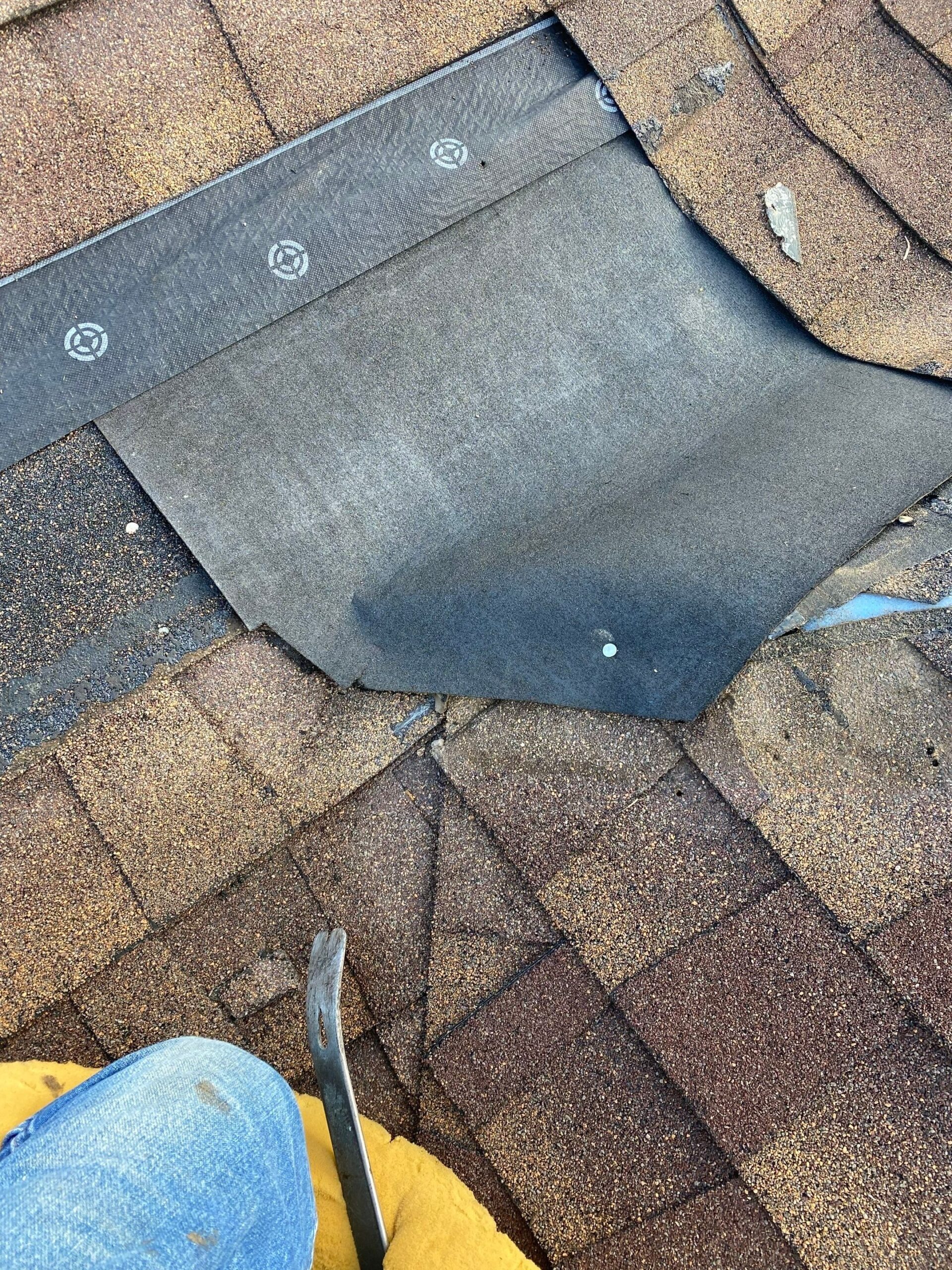 During roof repair in Anna showing new ridge cap shingles being installed