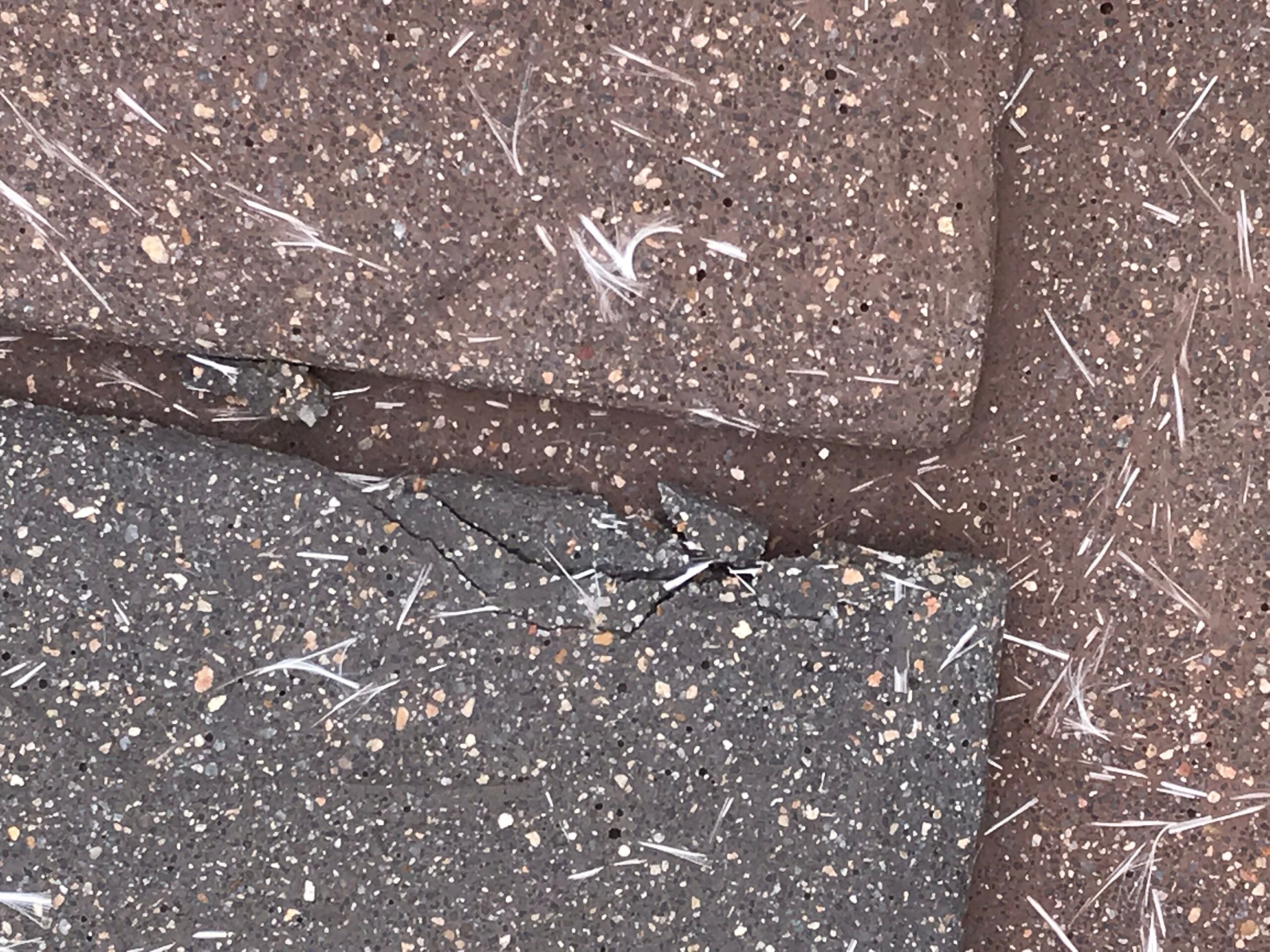 Close-up of hail-impacted concrete tile before the roof replacement in McKinney, TX