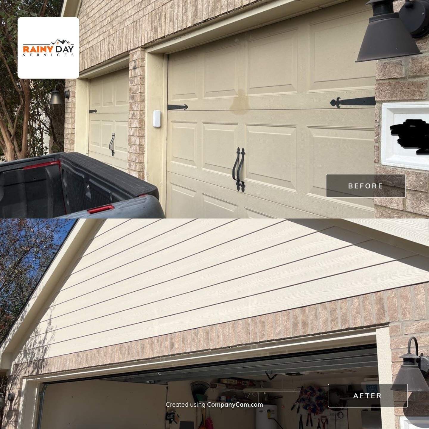 Finished siding and brick surrounding the new garage door in McKinney, TX
